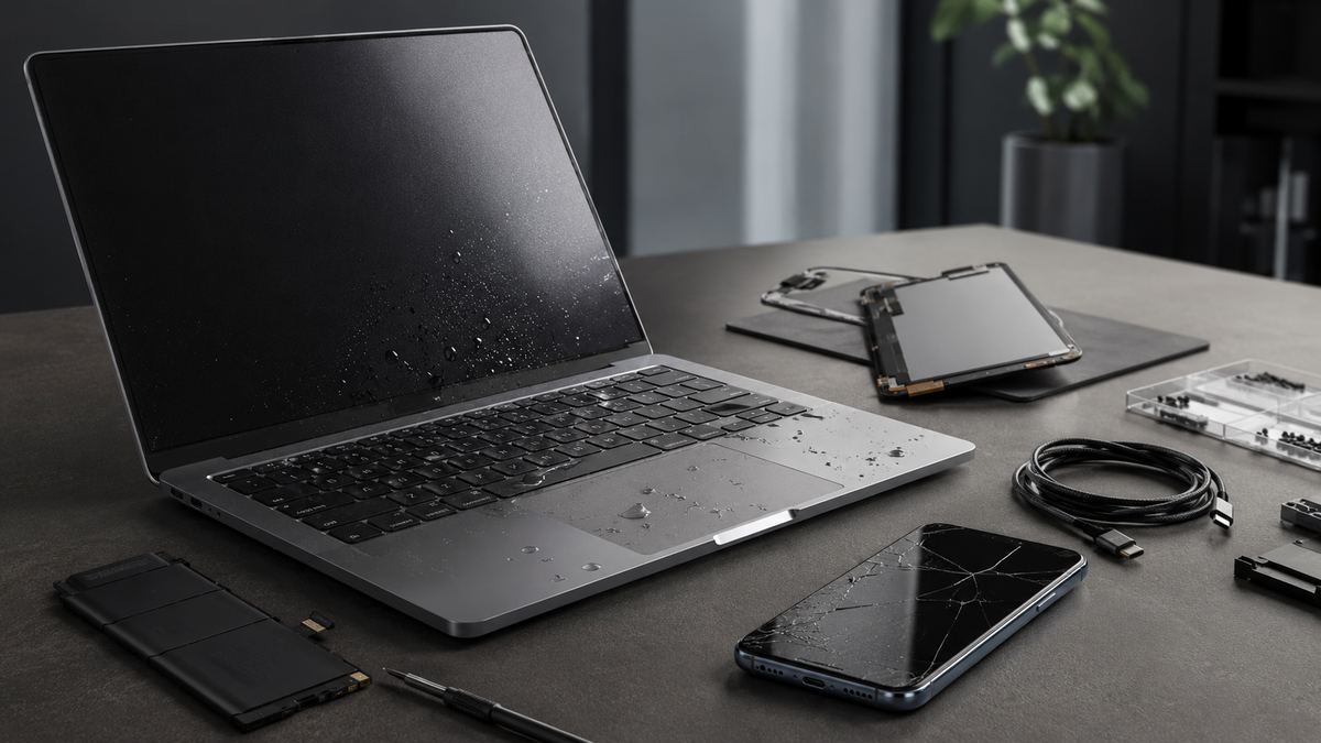 Laptop and device parts on workbench